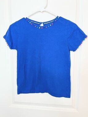 Boden Girls Blue Pom Pom Trim Top 9-10Y Boho Cute Short Sleeve Shirt